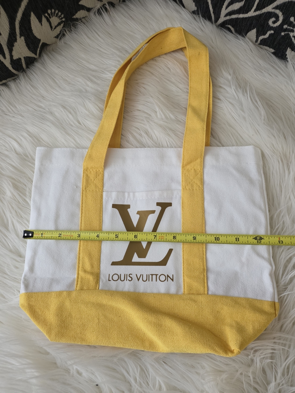 White and Yellow Canvas Tote with Pouch - Picture 4 of 8